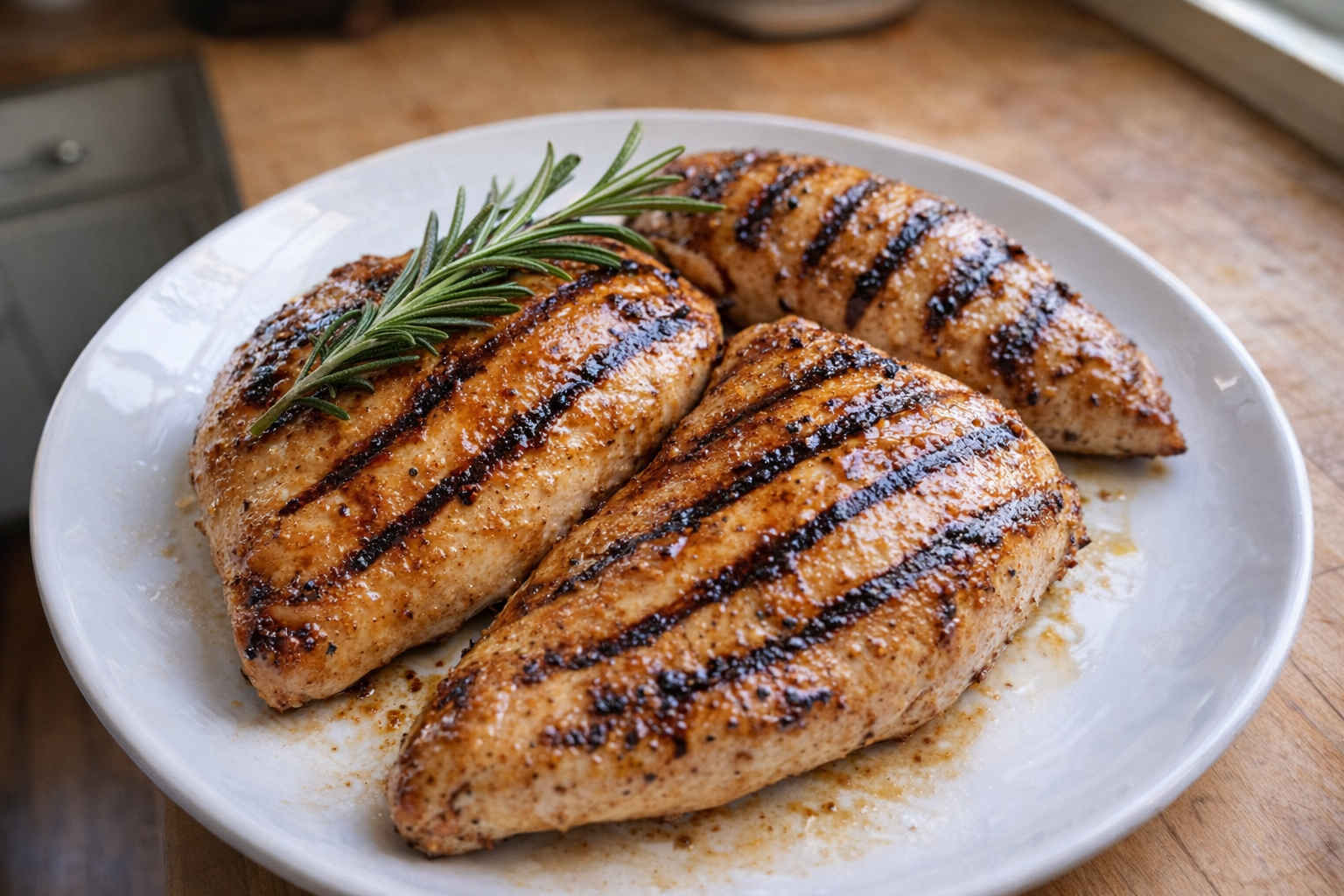 A top-down, brightly lit shot of grilled chicken breasts on a white plate, showing grill marks and a glistening surface. A sprig of rosemary is placed on top as a garnish